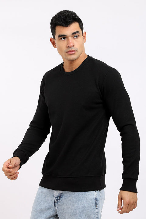 Ribbed Round Neck Long Sleeves Black Sweatshirt