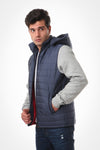 Waterproof Adjustable Hooded Buffer Jacket With Cotton Sleeves - Navy Blue