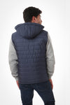 Waterproof Adjustable Hooded Buffer Jacket With Cotton Sleeves - Navy Blue