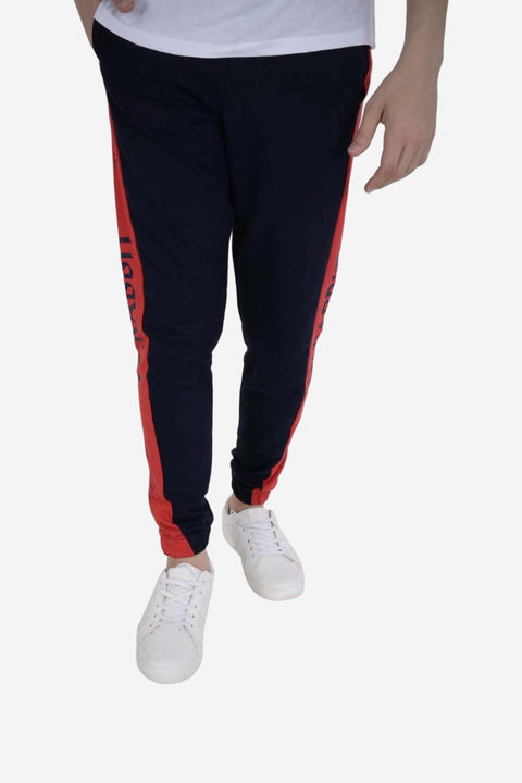Track pants with side text in navy