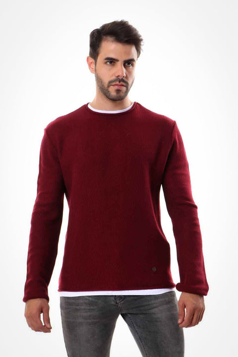 Knitted Acrylic Round Neck Pullover - Dark Red