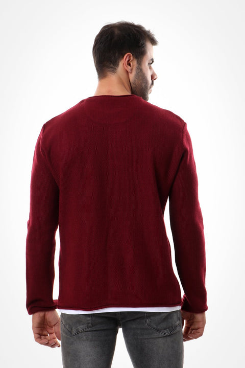 Knitted Acrylic Round Neck Pullover - Dark Red